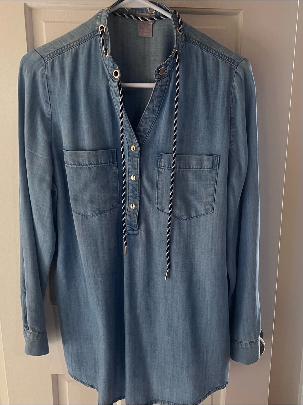 Chico's Blue Chambray Button-Front Shirt with Drawstring